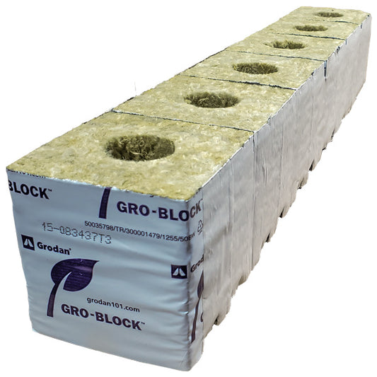 Grodan® GRO-BLOCK Improved GR10, Large 4" Block with Hole, 4" x 4" x 4", 6 Blocks Per Strip (24 Strips/Case)