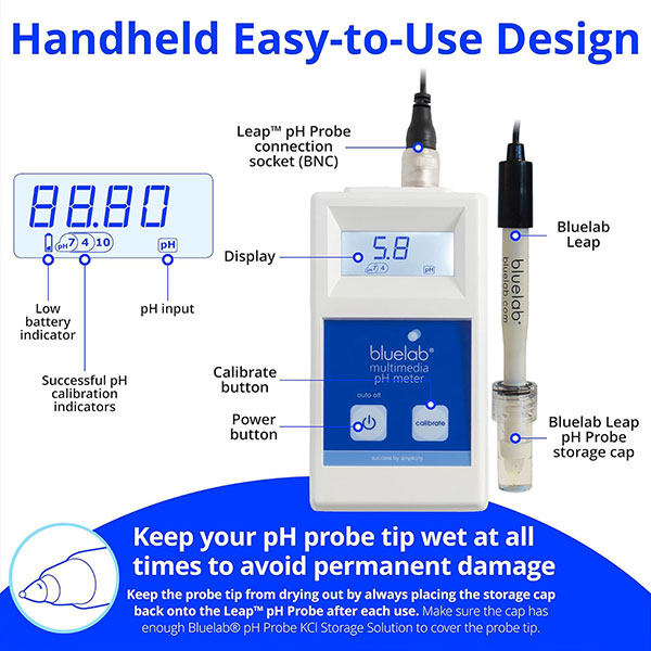 Bluelab® Multimedia pH Meter with Leap™ pH Probe & Single Use Calibration Solution Sachets Included