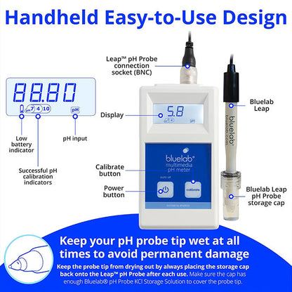 Bluelab® Multimedia pH Meter with Leap™ pH Probe & Single Use Calibration Solution Sachets Included