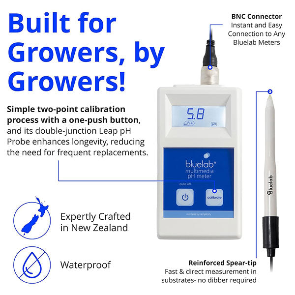 Bluelab® Multimedia pH Meter with Leap™ pH Probe & Single Use Calibration Solution Sachets Included