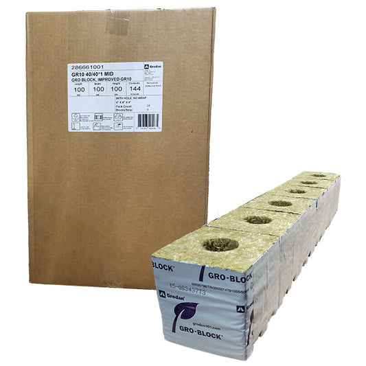 Grodan® GRO-BLOCK Improved GR10, Large 4" Block with Hole, 4" x 4" x 4", 6 Blocks Per Strip (24 Strips/Case)